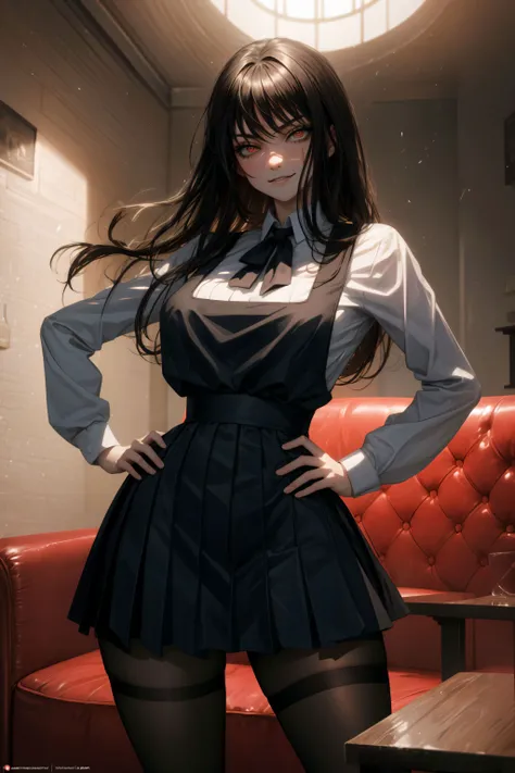 1girl, (smirk:1.3), blush, big eyes, full lips, <lora:AsaCSM1800:0.8> asacsm, (school uniform, pinafore dress, shirt, neck ribbon, long sleeves:1.2), (scaron face:1.2), (red eyes:1.2),
simple background, (luxurious room interior:1.3), red couch, window, night, (hand on hip:1.3),
(masterpiece), perfect face, detailed face, detailed eyes, (expressive eyes), detailed hands, perfect anatomy, ultra sharp, cinematic light, hyper detailed, illustration, cowboy shot, correct anatomy, <lora:more_details:0.4> <lora:DW:0.4> <lora:w<w[S:0.7> <lora:clothing details_v1.2_1_AD:0.4>   <lora:thicc_v2.3:1.5>