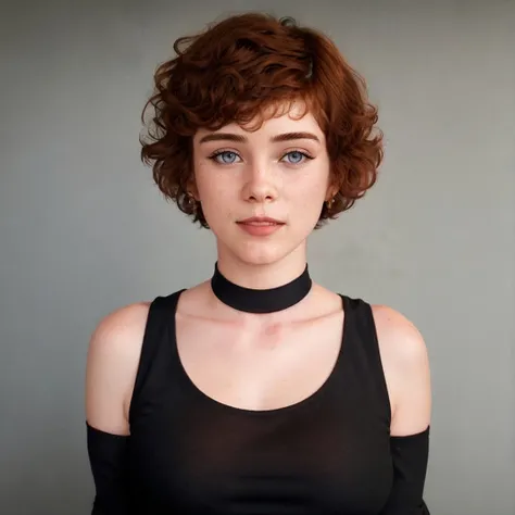 Slender ginger Irish woman, Sophia Lillis, tight grey cotton dress, strong lighting with shadows, small breasts,