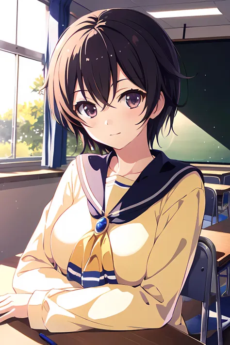 (masterpiece), (best quality, high quality:1.4) highres, classroom, upper body, looking at viewer, 1girl, solo focus, (v:1.2), NaomiCP, <lora:1660023570237693736:0.7>