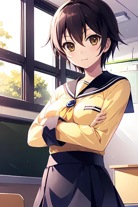 (masterpiece), (best quality, high quality:1.4) highres, classroom, upper body, looking at viewer, 1girl, solo focus, standing, crossed arms, yellow shirt, long sleeves, NaomiCP, <lora:1660023570237693736:0.8>