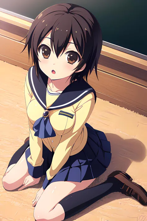 (High quality), (masterpiece), (very detailed), girl, (very small bust), short brown hair, purple eyes, shy face, (primary school ), showing her thighs, on the school yard, sunny, camera angle from below, adorable eyes, (primar school uniform)