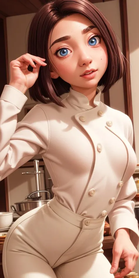 (best quality:1.4),(shiny skin), body focus, (cute face), (((best quality))), illustration, ((Beautiful Finger)), , Beautiful body, Beautiful character design, ,perfect lighting, Colorful, Bright_Front_face_Lighting, ultra high res, highres, absurdres:1.2, bokeh:1.2, lens flare, (vibrant_color:1.2), (Beautiful, small breasts:1.8), (thick thighs:1.1), THICK,
Brown hair, blue eyes, light skin, large white chef jacket, confident expression, thin eyebrows, pink lips, <lora:Colette_Tatou:1>, short hair, wide nose, small eyes, small pupils, small eyebrows, (white pants:1.2),