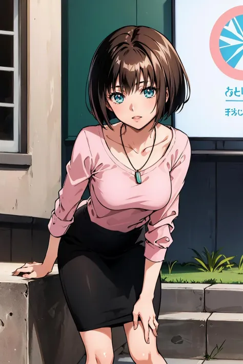masterpiece, best quality, minatsukisaya, necklace, pink shirt, pencil skirt, looking at viewer, leaning forward, park <lora:minatsukisaya-nvwls-v1-000009:0.9>