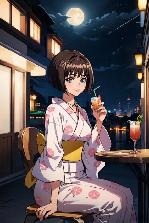 masterpiece, best quality, minatsukisaya, pink kimono, necklace, smile, looking at viewer, night, moon, city, sitting, chair, table, alcoholic beverage <lora:minatsukisaya-nvwls-v1-000009:0.9>