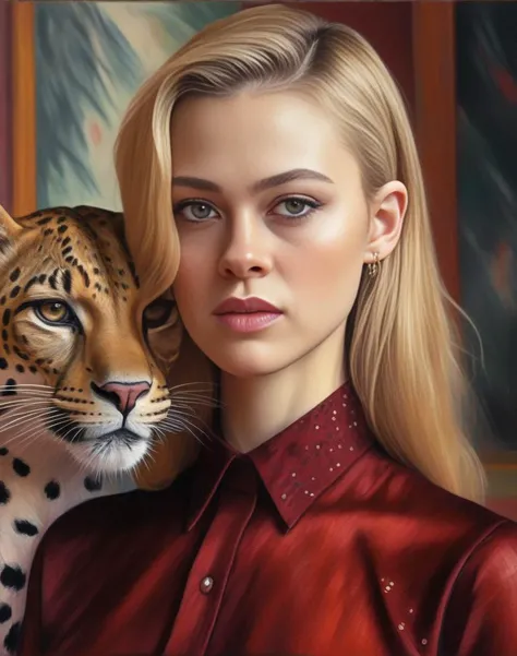 NicolaPeltz, (art by Edvard Munch:0.9) , portrait,close up of a Aggravated (Female:1.1) , wearing Jagged Qin Dynasty dark red Band collar shirt, Feminine Pose, Honey hair styled as Bald fade, Impeccable Zoo in background, Ultrarealistic, Hopeless, Pointillism, soft light, leopard print color grading, <lora:NicolaPeltzSDXL:1>