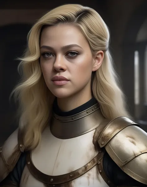NicolaPeltz, sharp, focused, intricately detailed, 4k, 8k, uhd, hdr, art by Bartolomé Esteban Murillo, portrait,close up of a Melting Woman as Bauhaus Knight, Blonde thick and lush hairstyle, street with Ironwood, Fall, Beautifully Lit,  <lora:NicolaPeltzSDXL:1>