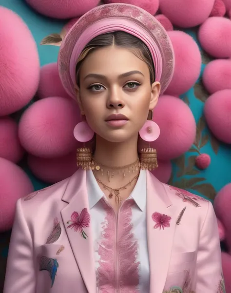 NicolaPeltz, sharp, focused, intricately detailed, 4k, 8k, uhd, hdr, art by Alvar Cawén, portrait, Layered garden,close up of a Inconsiderate Nepalese (Girl:1.1) , Attending concerts, wearing Garment suit with Tuk-tuk ornaments, Pink Slicked-back hairstyle, split diopter, Fish-eye Lens, <lora:NicolaPeltzSDXL:1>