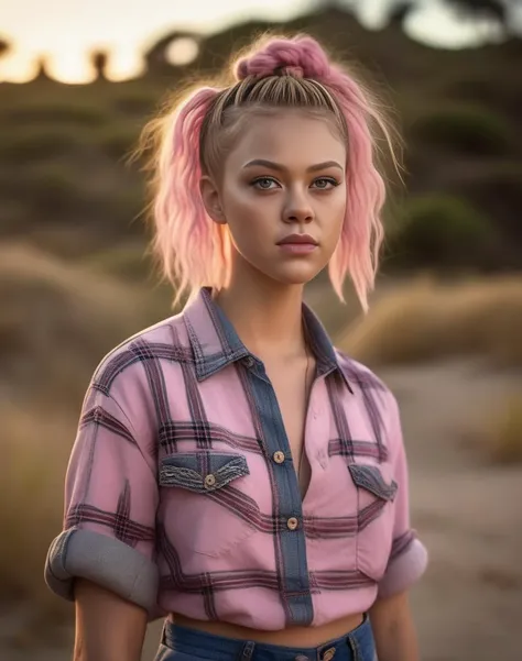 NicolaPeltz, sharp, focused, intricately detailed, 4k, 8k, uhd, hdr, art by Joao Ruas, portrait,close up of a Desolate tall (Girl:1.2) , wearing Human Israeli Plaid shirt and denim shorts, Pink Bantu knots hairstyle, New Zealander Buttons, Circlet, at Sunset, tilt shift, Hyperpunk, broad lighting, Velvia, Flickr, <lora:NicolaPeltzSDXL:1>