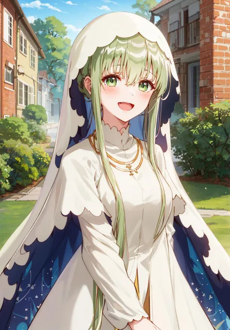 1girl, Cecilia, :d, bangs, blush, brick_wall, dress, eyebrows_visible_through_hair, hair_between_eyes, jewelry, long_hair, looking_at_viewer, necklace, nun, outdoors, smile, solo, upper_body, veil <lora:chara_Cecilia:0.7>