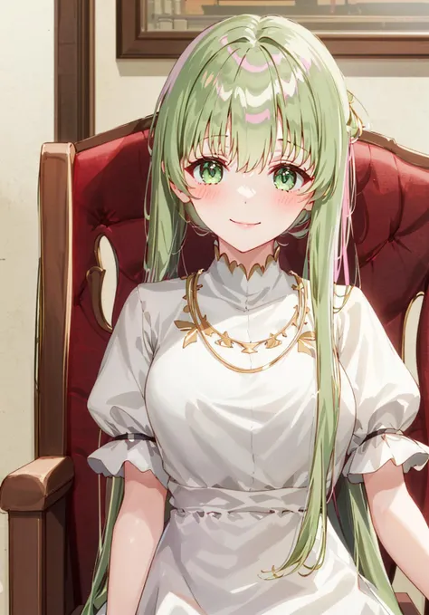 1girl, Cecilia, ^_^, bangs, blush, , chair, closed_mouth, dress, eyebrows_visible_through_hair, facing_viewer, long_hair, puffy_short_sleeves, puffy_sleeves, short_sleeves, sidelocks, smile, solo, upper_body, white_dress  <lora:chara_Cecilia:0.7>