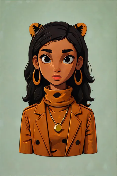 <lora:minimalflatillustration-sd_mai:0.7>, sd mai, flat illustration, woman wearing animal print turtleneck, dangle earrings || <lora:minimalflatillustration-sd_mai:0.3>, sd mai, flat illustration, masterpiece, 8k, high resolution, shallow depth of field, sharp focus