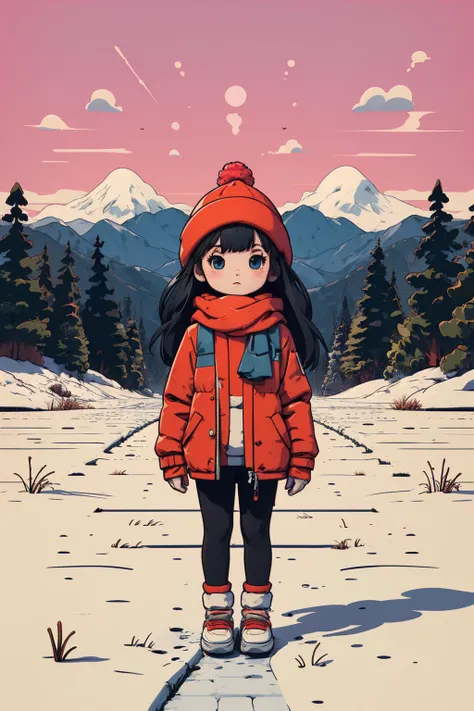 sd mai, flat illustration,<lora:Minimal flat illustration:0.8>, beautiful girl, straight black long hair, wearing puffy winter jacket, scarf, winter hat with pompom, fur,looking at viewer,outdoors,cold winter, snow, cold weather, mountains,clouds,sunlight