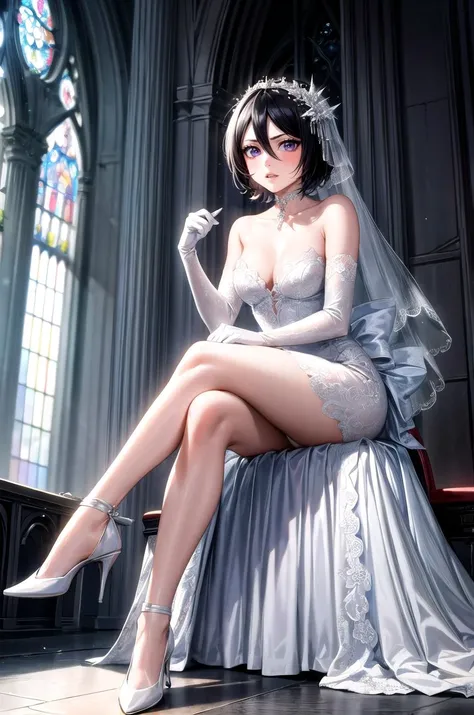 (masterpiece, best quality, detailed), 1girl, solo, looking at viewer, <lora:rukia-v2-wasabiya:0.9>, krukia, black hair, short hair, purple eyes, hair between eyes, bride, wedding dress, bridal veil, white dress, white choker, indoors, church, sitting, crossed legs, full body, elbow gloves, white gloves, gothic architecture, pillar, arch, pew, bench, thighs, high heels, parted lips, blush