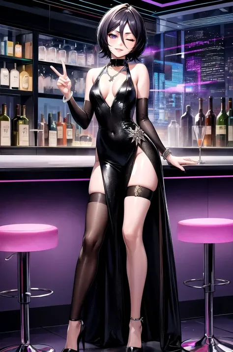 (masterpiece, best quality, detailed), 1girl, solo, looking at viewer, <lora:rukia-v2-wasabiya:0.9>, krukia, black hair, short hair, purple eyes, hair between eyes, evening gown, dress, jewelry, sleeveless, sleeveless dress, indoors, bar \(place\), alcohol, neon lights, cyberpunk, contrapposto, legs apart, head tilt, long dress, side slit, elbow gloves, necklace, bracelet, thighhighs, stool, bar stool, holding cup, full body, high heels, peace sign, cocktail glass, smile, parted lips, one eye closed