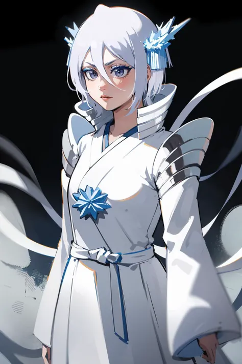 masterpiece,high quality,highres,1girl,solo,<lora:rukia-v2-wasabiya:1>,krukia,hair between eyes,arms behind back,albino,white hair,grey eyes,hair ornament,white dress,pale skin,hagoromo,wide sleeves,ribbon,high collar,ice brooch,colored eyelashes,blue theme,