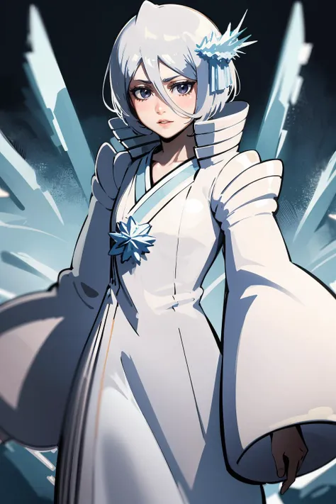 masterpiece,high quality,highres,1girl,solo,<lora:rukia-v2-wasabiya:1>,krukia,hair between eyes,arms behind back,albino,white hair,grey eyes,hair ornament,white dress,pale skin,hagoromo,wide sleeves,ribbon,high collar,ice brooch,colored eyelashes,