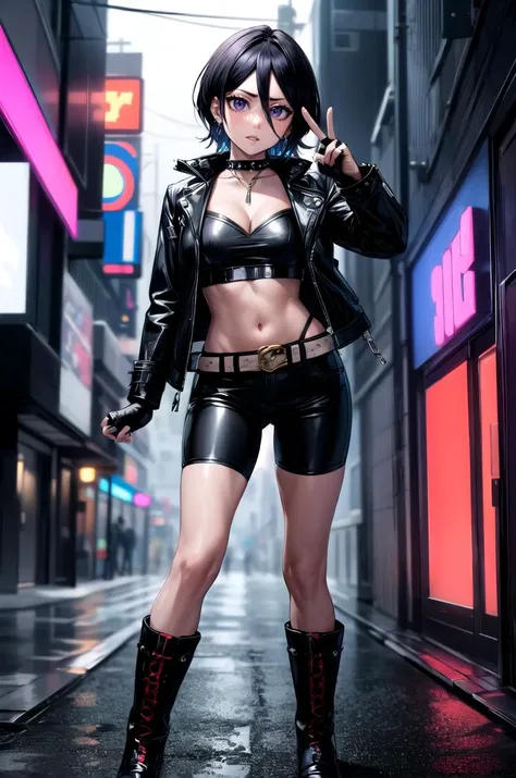 (masterpiece, best quality, detailed), 1girl, solo, looking at viewer, <lora:rukia-v2-wasabiya:0.9>, krukia, black hair, short hair, purple eyes, hair between eyes, biker clothes, long sleeves, black jacket, black belt, jewelry, earrings, leather, (spikes), midriff, outdoors, city, cyberpunk, (peace sign), hand up, full body, black gloves, leather jacket, open jacket, bike shorts, boots, cleavage, night, city lights, neon lights, car, fingerless gloves, serious, parted lips