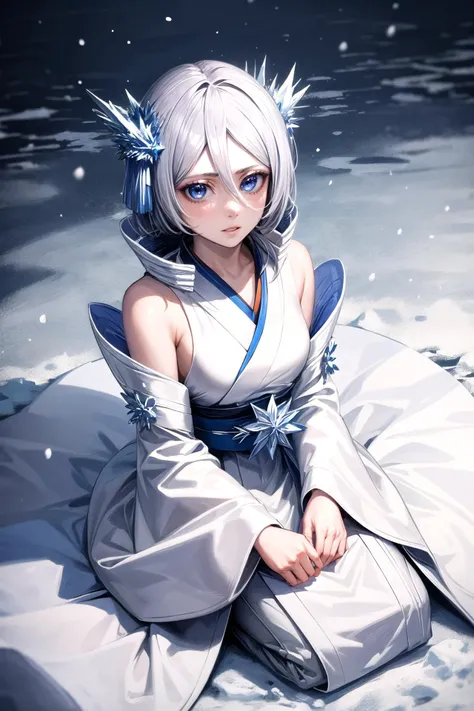 (masterpiece, best quality, detailed), 1girl, solo, looking at viewer, <lora:rukia-v2-wasabiya:0.9>, krukia, albino, ribbon, ice brooch, wide sleeves, high collar, hair ornament, hagoromo, white dress, sitting, seiza, from above, parted lips,
outdoors, winter, snow, bare shoulders