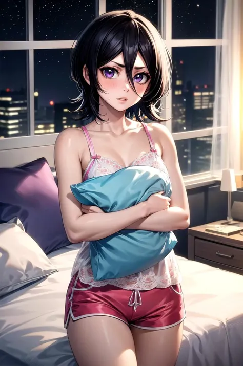 (masterpiece, best quality, detailed), 1girl, solo, looking at viewer, <lora:rukia-v2-wasabiya:0.9>, krukia, black hair, short hair, purple eyes, hair between eyes, pajamas, camisole, bare shoulders, indoors, bedroom, pillow, holding pillow, pillow hug, shorts, pink shorts, window, night sky, messy room, parted lips, blush, sweatdrop