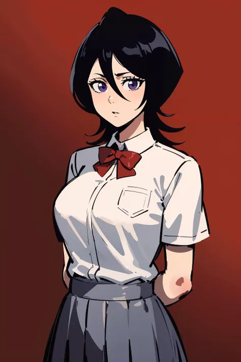 masterpiece,high quality,highres,1girl,solo,<lora:rukia-v1-wasabiya:1>,krukia,black hair,short hair,hair between eyes,purple eyes,large breasts,arms behind back,school uniform,white shirt,grey skirt,red bowtie,simple background,