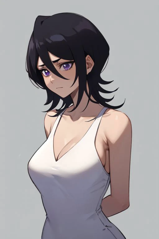 masterpiece,high quality,highres,1girl,solo,<lora:rukia-v1-wasabiya:1>,krukia,black hair,short hair,hair between eyes,purple eyes,large breasts,arms behind back,bridal dress,white shirt,simple background,