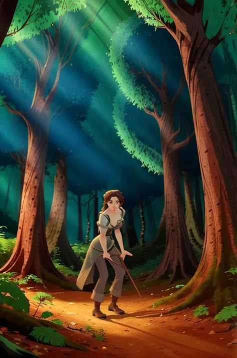 woman in a forest, tangledadventure <lora:TangledAdventure_2:1><lora:RealDownblouse4:1.5>