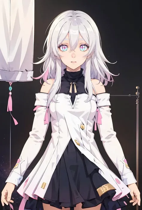 (masterpiece, best quality), 1girl, <lora:EileenHSR:0.8> EileenHSR, 1girl, solo, long hair, white hair, blue eyes, pink eyes, multicolored eyes, long sleeves, white dress, hair between eyes, bare shoulders, jacket,