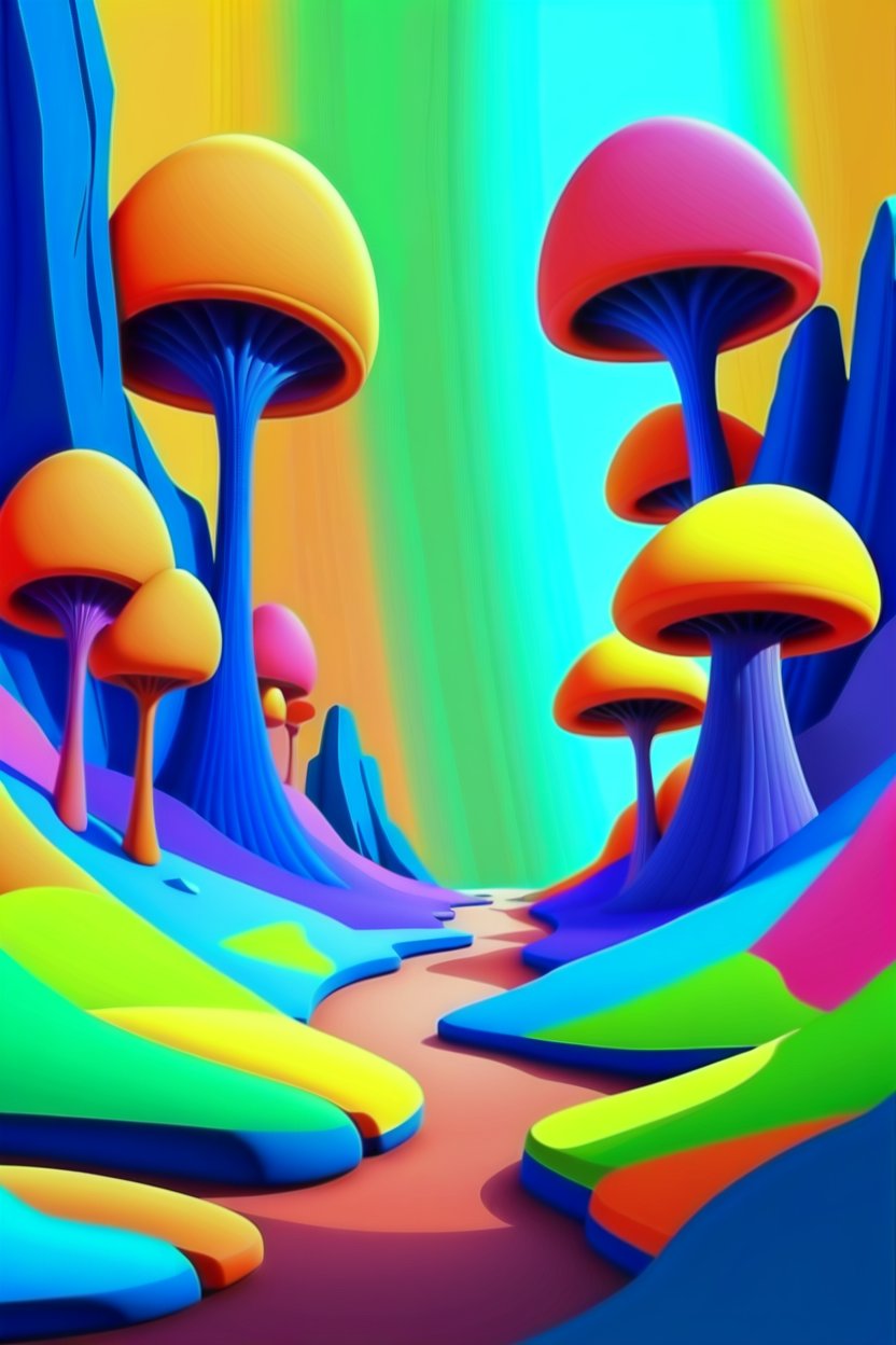 A colorful abstract landscape with a lot of mushrooms on the ground ...