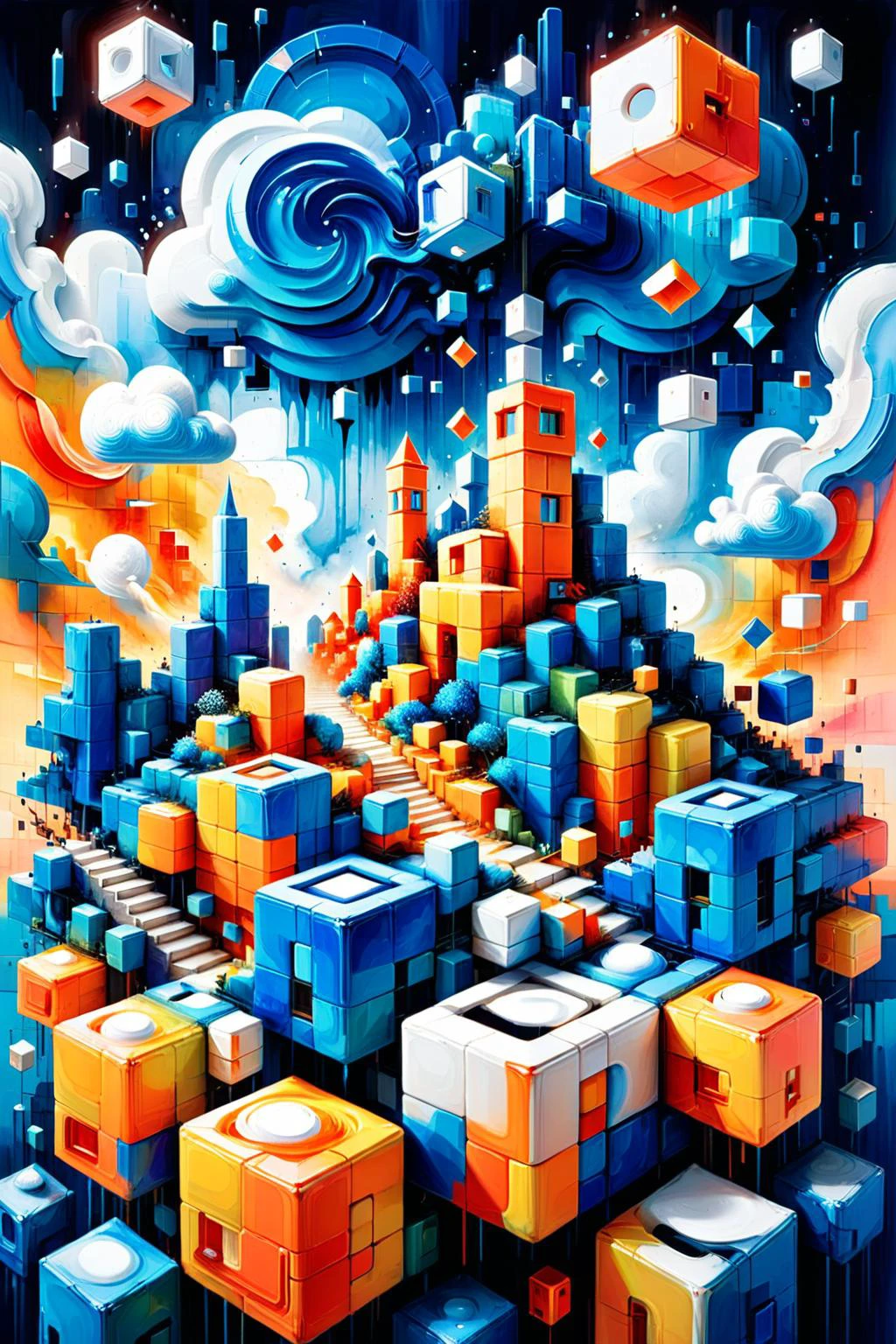 ral-3dcubes,<lora:ral-3dcubes-sdxl:1>,d3qck artstyle,<lora:d3qck_artstyle:0.65>,oil and watercolor painting,<lora:EnvyStylizedXL02:1>,
8k,highly detailed,living,amazing fantasy cloud city at the beginning of time,
this artwork blurs the boundaries between realism:1.1 and abstraction:1.1,transforming geometric shapes:1.1 into a surreal and paradoxical landscape:1.2,