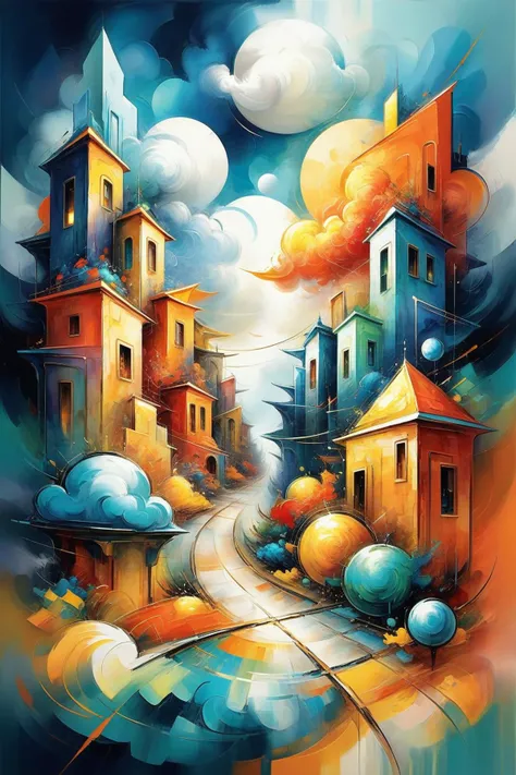 d3qck artstyle,<lora:d3qck_artstyle:0.65>,<lora:EnvyStylizedXL02:1>,
oil and watercolor painting,
8k,highly detailed,living,amazing fantasy cloud city at the beginning of time,
this artwork blurs the boundaries between realism:1.1 and abstraction:1.1,transforming geometric shapes:1.1 into a surreal and paradoxical landscape:1.2,