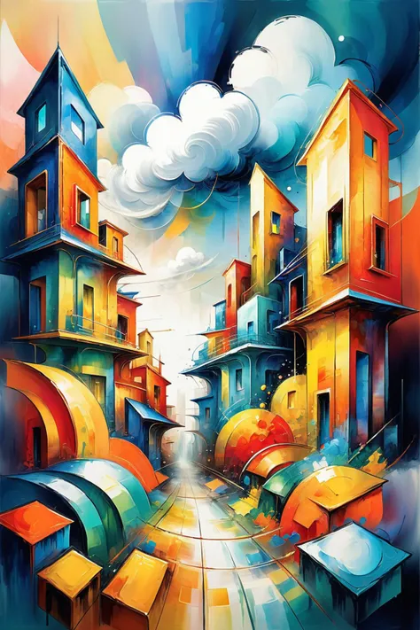 d3qck artstyle,<lora:d3qck_artstyle:0.65>,oil and watercolor painting,<lora:EnvyStylizedXL02:1>,
oil and watercolor painting,
8k,highly detailed,living,amazing fantasy cloud city at the beginning of time,
this artwork blurs the boundaries between realism:1.1 and abstraction:1.1,transforming geometric shapes:1.1 into a surreal and paradoxical landscape:1.2,