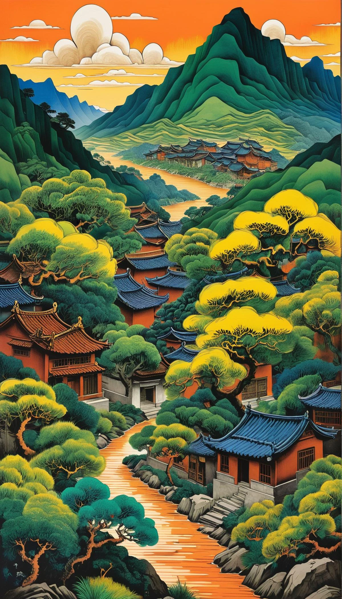 Chinese landscape painting,inspired by Wang Ximeng's landscape painting works Thousand Miles of Rivers and Mountains,
the inscription says ((("寻éè
ä¸é-å-è´¾å²"))),
Use azurite,lazurite,malachite,orpiment,limonite,vermilion and other mineral pigments to color,so that the mountain stone appears thick and green,the picture is hearty and rich,and the color is strong and brilliant,
Asked the boy under the verdant pine tree,he said that his master had gone to the mountain to collect medicine. He only knew that it was in this big mountain,but the clouds in the mountain did not know his whereabouts,
art by escher,<lora:Escher_Blend:0.7>,