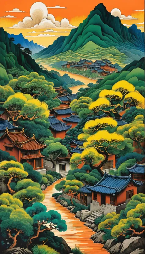 Chinese landscape painting,inspired by Wang Ximeng's landscape painting works Thousand Miles of Rivers and Mountains,
the inscription says ((("å¯»éèä¸é-å-è´¾å²"))),
Use azurite,lazurite,malachite,orpiment,limonite,vermilion and other mineral pigments to color,so that the mountain stone appears thick and green,the picture is hearty and rich,and the color is strong and brilliant,
Asked the young schoolboy under the verdant pine tree,he said that his master had gone to the mountain to collect medicine. He only knew that it was in this big mountain,but the clouds in the mountain did not know his whereabouts,
art by escher,<lora:Escher_Blend:0.7>,