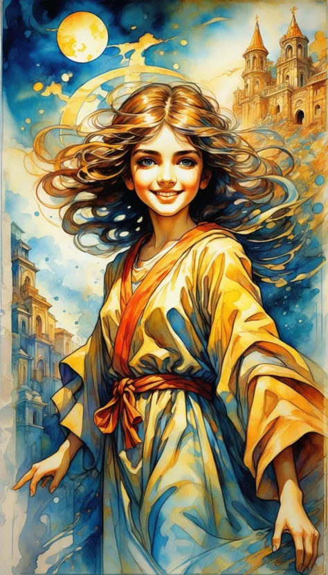 A realistic and atmospheric watercolour fantasy character concept art portrait of the young goddess athena with an enchanted liminal space in the background. A poster wearing a robe made out of stone,by rebecca guay,michael kaluta,charles vess and jean moebius giraud. high detail,hq,wide shot,sunny day,<lora:add-detail-xl:0.85>,