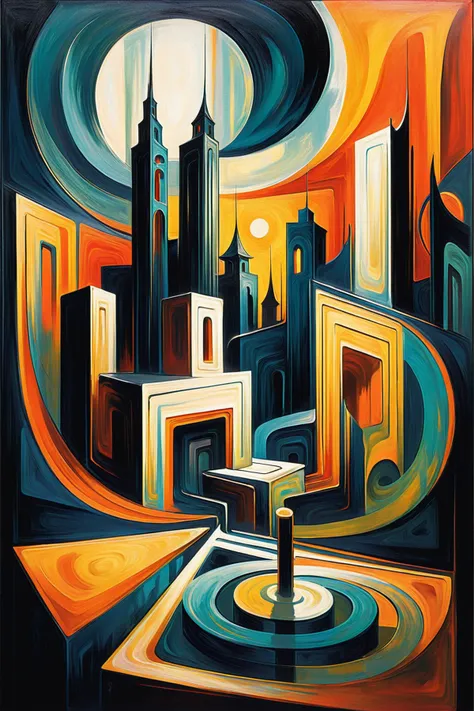 d3qck artstyle,<lora:d3qck_artstyle:0.7>,style of Edvard Munch,<lora:FF-Style-Edvard-Munch-vpred:1>,art by escher,<lora:Escher_Blend:0.7>,
Gerald Brom,In a world where geometry reigns supreme,a cityscape unfolds with kaleidoscopic brilliance. Skyscrapers composed of interlocking shapes - triangles,circles,squares - each a different vivid hue,stand in harmonious contradiction. The streets are a labyrinth of color-block patterns,pulsating with the vibrant life of its inhabitants. Here,the geometry is alive,constantly shifting and rearranging in a symphony of forms and shades. The sky itself is a canvas of mathematical perfection,with clouds forming fractal patterns that mirror the city below. This is a place where Euclidean and non-Euclidean geometries coexist,a utopia for those who find beauty in angles and edges,in the vivid play of color and form. Edvard Munch style,dark,moody,dark fantasy style,
