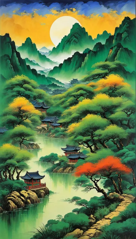 Chinese landscape painting,inspired by Wang Ximeng's landscape painting works Thousand Miles of Rivers and Mountains,
the inscription says ((("zhongnanwangyuxue-Tang-ZuYong"))),
Use azurite,lazurite,malachite,orpiment,limonite,vermilion and other mineral pigments to color,so that the mountain stone appears thick and green,the picture is hearty and rich,and the color is strong and brilliant,
The North of Zhongnan Mountain is beautiful,and the snow on the mountain seems to be connected with the floating clouds in the sky.,
After the snow,it was sunny,and the setting sun flickered between the forest shoots. In the evening,the city added a little cold,