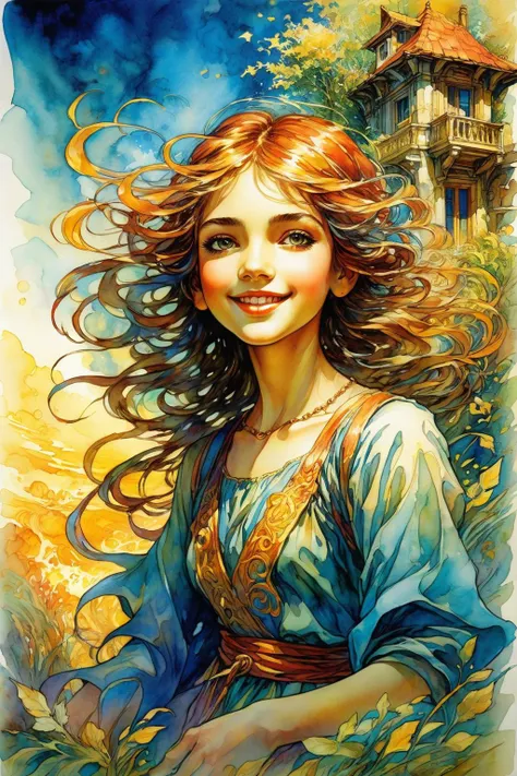 A realistic and atmospheric watercolour fantasy character concept art portrait of the young goddess with an enchanted liminal space in the background,2d game scene,
by rebecca guay,michael kaluta,charles vess and jean moebius giraud. high detail,hq,wide shot,sunny day,<lora:add-detail-xl:1>,