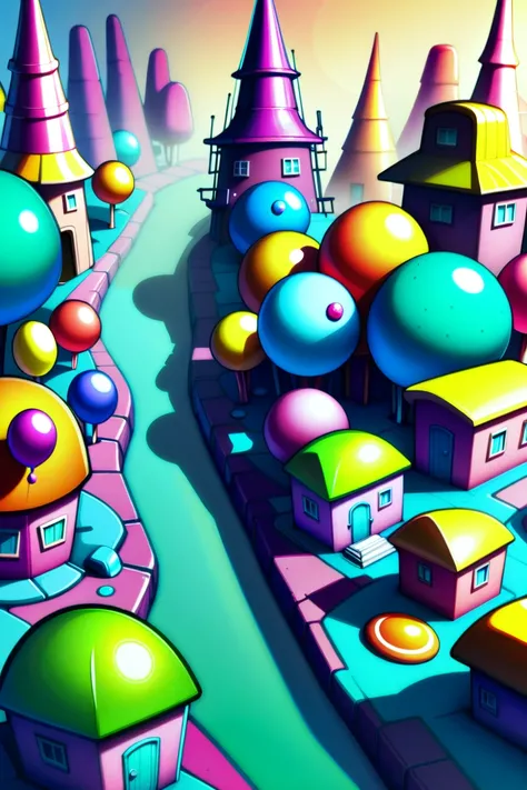 morning, architecture, Cozy Childhood Hideaway Whimsical candy land in a megalopolis<lora:EnvyStylizedXL02:1.5>