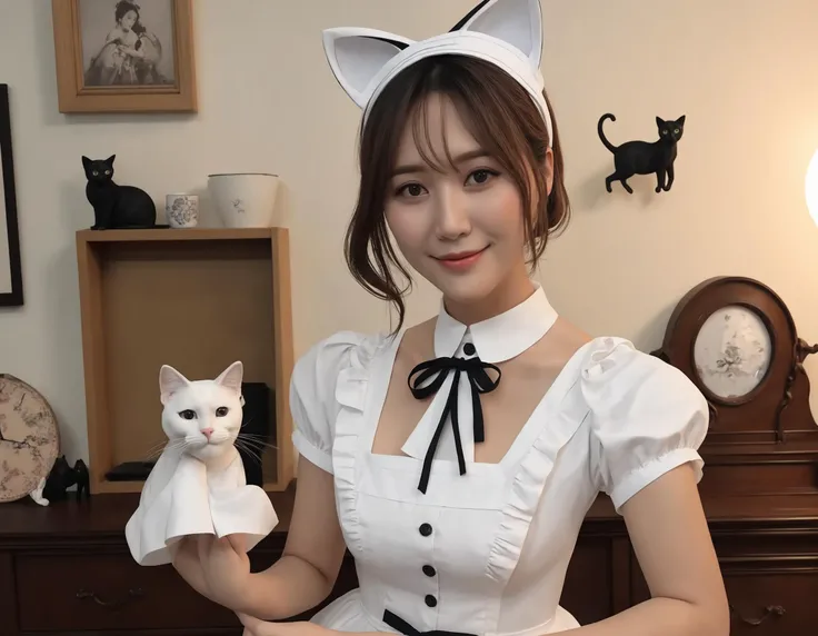 aisan,raw photo,big brestl,A very cute maid with a well-endowed bust, dressed in classic maid attire, complete with cat ear accessories on her head. Her expression is cheerful and playful, and her pose is graceful, reflecting the charm of her character. The setting could be inside a tastefully decorated room or cafe, in line with the maid theme. The scene should be as realistic as a high-resolution photograph, with soft and inviting lighting that highlights her features and the details of her outfit,gmakig,<lora:mamagigi:0.55>
