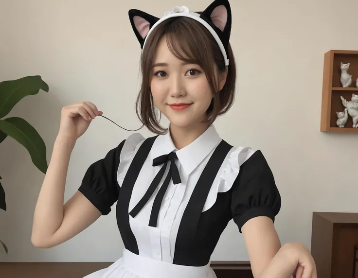 score_9, score_8_up, score_7_up, score_6_up, 1girl, solo, multiple colored hairs, maid, black cat tail, smile, black thighhigh, leaning forward, leg up outside, charm posing, paw, paw stamps, paw stamps, paw stamps background