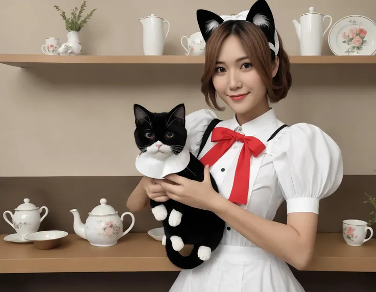 aisan,raw photo,big brestl,A very cute maid with a well-endowed bust, dressed in classic maid attire, complete with cat ear accessories on her head. Her expression is cheerful and playful, and her pose is graceful, reflecting the charm of her character. The setting could be inside a tastefully decorated room or cafe, in line with the maid theme. The scene should be as realistic as a high-resolution photograph, with soft and inviting lighting that highlights her features and the details of her outfit,gmakig,<lora:mamagigi:0.55>