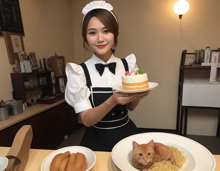 aisan,raw photo,big brestl,A very cute maid with a well-endowed bust, dressed in classic maid attire, complete with cat ear accessories on her head. Her expression is cheerful and playful, and her pose is graceful, reflecting the charm of her character. The setting could be inside a tastefully decorated room or cafe, in line with the maid theme. The scene should be as realistic as a high-resolution photograph, with soft and inviting lighting that highlights her features and the details of her outfit,gmakig,<lora:mamagigi:0.55>