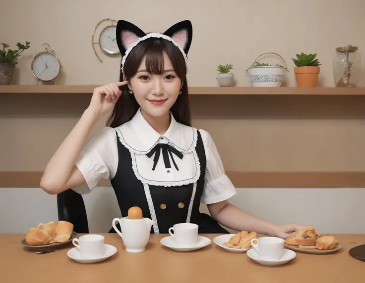 aisan,raw photo,big brestl,A very cute maid with a well-endowed bust, dressed in classic maid attire, complete with cat ear accessories on her head. Her expression is cheerful and playful, and her pose is graceful, reflecting the charm of her character. The setting could be inside a tastefully decorated room or cafe, in line with the maid theme. The scene should be as realistic as a high-resolution photograph, with soft and inviting lighting that highlights her features and the details of her outfit,gmakig,<lora:mamagigi:0.55>