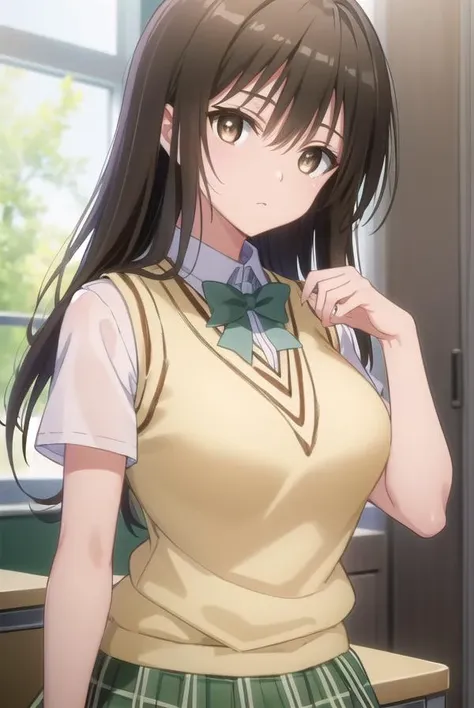yuikotegawa, <lora:yui kotegawa darkness-lora-nochekaiser:1>,
yui kotegawa, black hair, (brown eyes:1.5), long hair,
BREAK green skirt, plaid, plaid skirt, sainan high school uniform, school uniform, skirt, sweater vest, (yellow sweater:1.3), short sleeves,
BREAK indoors, classroom,
BREAK looking at viewer, (cowboy shot:1.5),
BREAK <lyco:GoodHands-beta2:1>, (masterpiece:1.2), best quality, high resolution, unity 8k wallpaper, (illustration:0.8), (beautiful detailed eyes:1.6), extremely detailed face, perfect lighting, extremely detailed CG, (perfect hands, perfect anatomy),