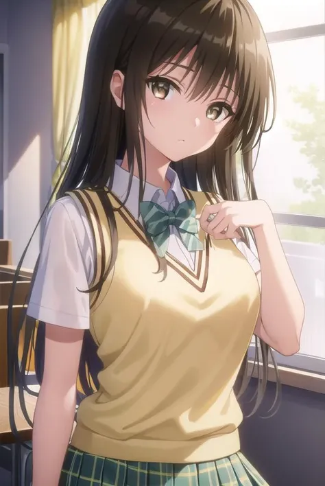 yuikotegawa, <lora:yui kotegawa darkness-lora-nochekaiser:1>,
yui kotegawa, black hair, (brown eyes:1.5), long hair,
BREAK green skirt, plaid, plaid skirt, sainan high school uniform, school uniform, skirt, sweater vest, (yellow sweater:1.3), short sleeves,
BREAK indoors, classroom,
BREAK looking at viewer, (cowboy shot:1.5),
BREAK <lyco:GoodHands-beta2:1>, (masterpiece:1.2), best quality, high resolution, unity 8k wallpaper, (illustration:0.8), (beautiful detailed eyes:1.6), extremely detailed face, perfect lighting, extremely detailed CG, (perfect hands, perfect anatomy),