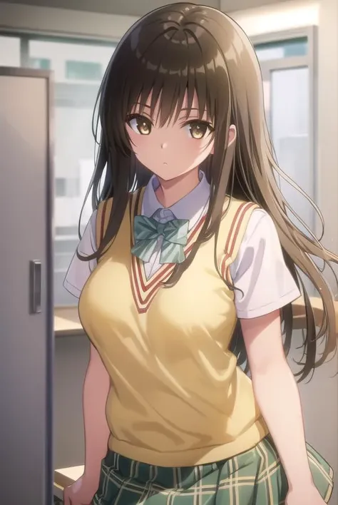 yuikotegawa, <lora:yui kotegawa darkness-lora-nochekaiser:1>,
yui kotegawa, black hair, (brown eyes:1.5), long hair,
BREAK green skirt, plaid, plaid skirt, sainan high school uniform, school uniform, skirt, sweater vest, (yellow sweater:1.3), short sleeves,
BREAK indoors, classroom,
BREAK looking at viewer, (cowboy shot:1.5),
BREAK <lyco:GoodHands-beta2:1>, (masterpiece:1.2), best quality, high resolution, unity 8k wallpaper, (illustration:0.8), (beautiful detailed eyes:1.6), extremely detailed face, perfect lighting, extremely detailed CG, (perfect hands, perfect anatomy),