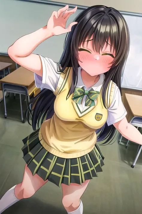 masterpiece, best quality,ultra detail,<lora:GoodHands-vanilla:0.8> <lora:anmnr01:0.3> <lora:add_detail:0.5> , <lora:yuikotegawa-lora-nochekaiser:0.7>yui kotegawa, black hair, long hair,classroom,surprise pose, <lora:largecirclemouth_v100:1>green skirt, plaid, plaid skirt, sainan high school uniform, school uniform, skirt, sweater vest, (yellow sweater:1.3), short sleeves,from above,close eyes, <lora:yudedako_v100:1>