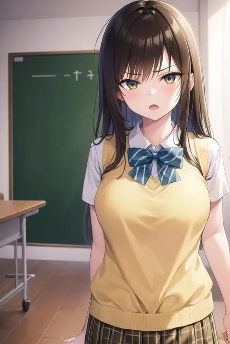 kotegawayui, <lora:yuikotegawa-lora-nochekaiser:1>,
yui kotegawa, black hair, (brown eyes:1.5), long hair, <lora:gekioko_v200:1>, angry, open mouth,
BREAK green skirt, plaid, plaid skirt, sainan high school uniform, school uniform, skirt, sweater vest, (yellow sweater:1.3), short sleeves,
BREAK looking at viewer, (cowboy shot:1.5),
BREAK indoors, classroom,
BREAK <lyco:GoodHands-beta2:1>, (masterpiece:1.2), best quality, high resolution, unity 8k wallpaper, (illustration:0.8), (beautiful detailed eyes:1.6), extremely detailed face, perfect lighting, extremely detailed CG, (perfect hands, perfect anatomy),