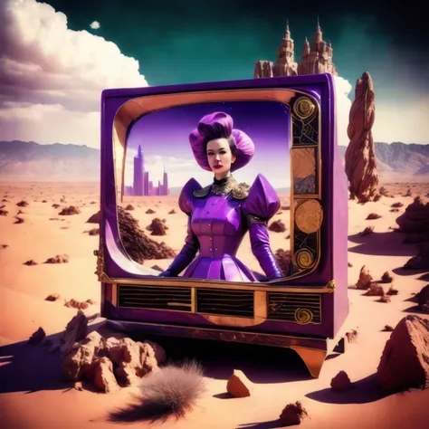 photo, AlienTV style an old television set with a city in the background, (attractive diviner woman:1) in Bright Purple Plate Armor wearing pompadour, Wreckage arid desert in background, Daytime Sky <lora:djzJohnsonDesu-ZenkaiV21-256:1> (collage:1) <lora:surrealCollageLora_v10:0.6>  <lora:deathStrandingLora_sd21:0.8>