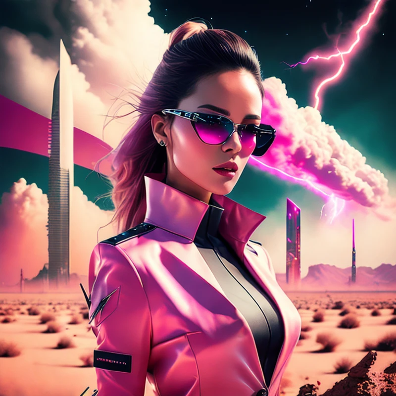 photo, NeoOlympus style a futuristic city with a lightning bolt coming out of it, (attractive medic woman:1) in Bright Pink trendy clothing wearing sunglasses, Smoke Clouds hot desert in background, Nighttime Sky <lora:djzJohnsonDesu-ZenkaiV21-256:1> (collage:1) <lora:surrealCollageLora_v10:0.6> <lora:deathStrandingLora_sd21:0.8>